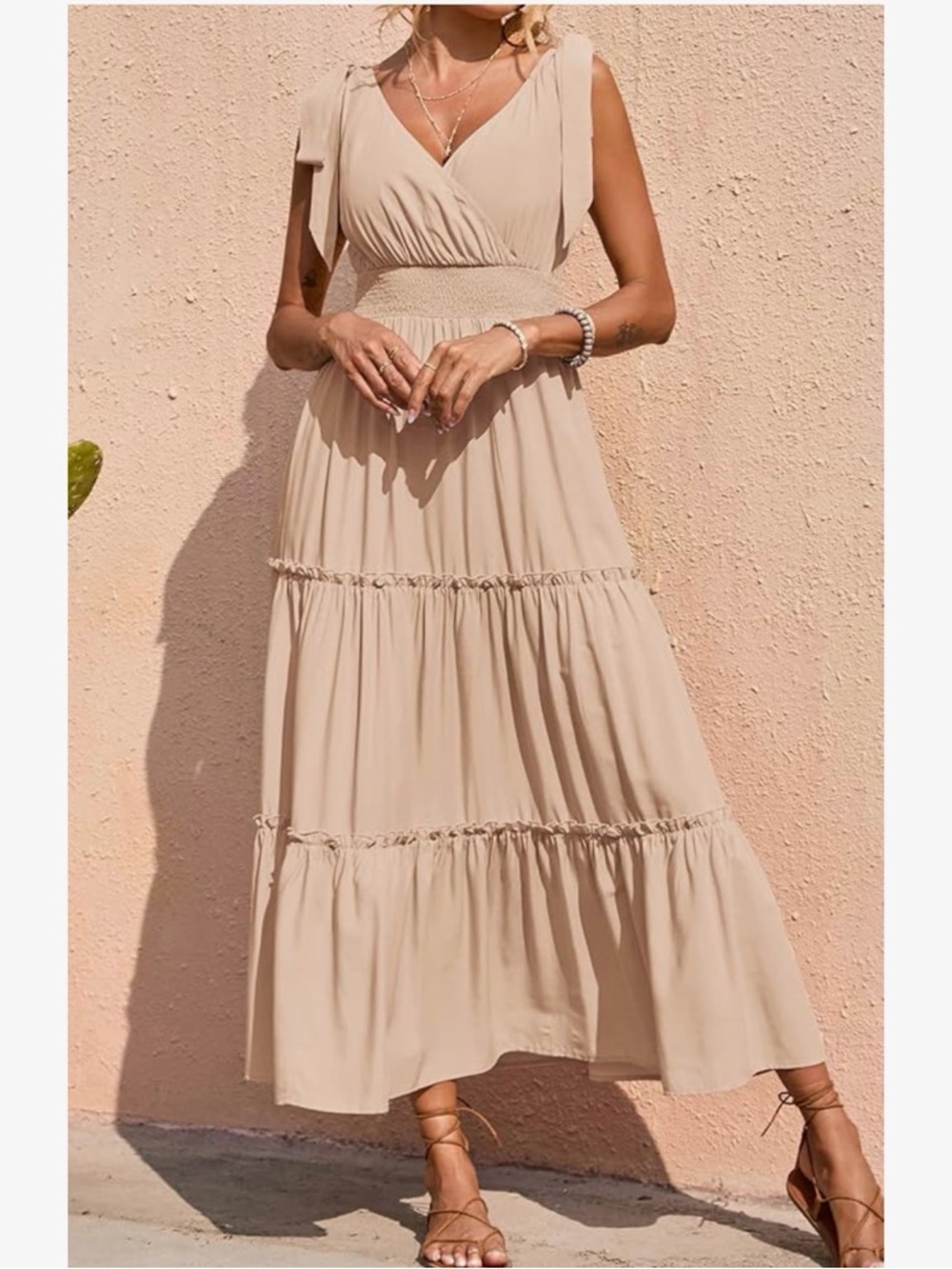 Sleeveless Tie-Shoulder Maxi Dress in Light Beige - Picture 2 of 3